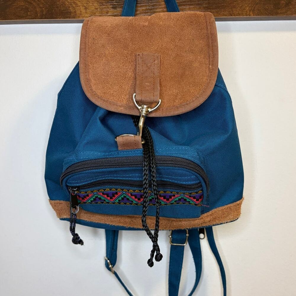 Vintage 90s Southwestern Mini Teal Suede Backpack Travel Purse Aztec Grunge Boho